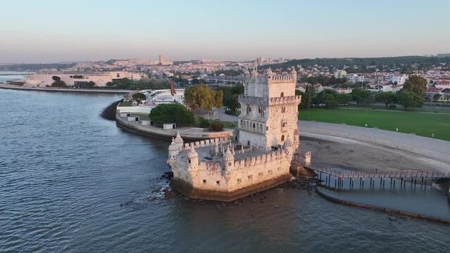 Belem tower in Lisbon, Portugal - zoom out shot
