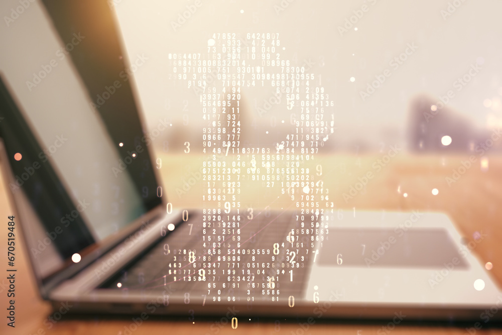 Poster creative bitcoin concept with modern computer background. double exposure