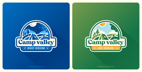 Camp Valley camping badge day or night. modern camping & adventure emblem logo, mountain, valley day and night scene