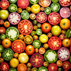 Fototapeta na wymiar Artistic Composition of Colorful Heirloom Tomatoes Array Generative AI