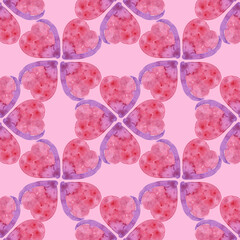 Seamless pattern of watercolor pink hearts. Hand drawn illustration in ornamental style. Hand painted elements on pink background.