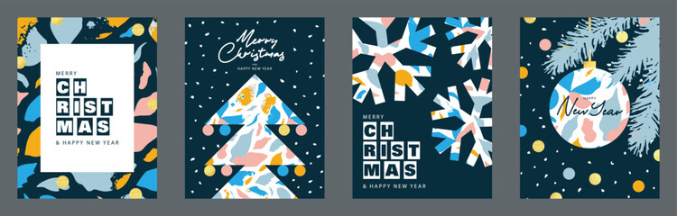 Fototapeta na wymiar Merry Christmas and Happy New Year Set of greeting cards, posters, holiday covers. Modern design with Christmas decorative elements.Snowflakes, Christmas tree, Christmas ball with abstract pattern.
