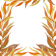 A frame made of gold branches with leaves. Watercolor flower illustration. Isolated white background, hand-drawn. Suitable for wedding decorations, greetings, wallpapers, fashion, posters, backgrounds
