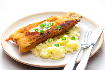 fried fish with mashed potatoes and spring onion