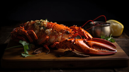 Lobster with lemon and herbs on a wooden board on a black background