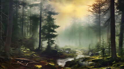 Obraz premium Forest fog landscape with sun and trees