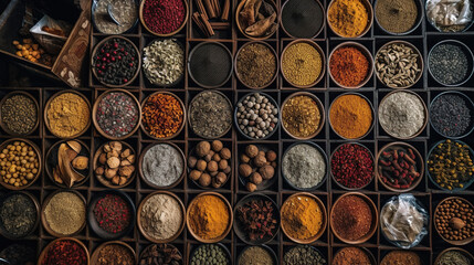 Spices in wooden bowls, top view. Spices background.