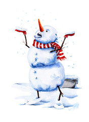 A snowman catches snowflakes in his mouth. Watercolor illustration, drawing on paper