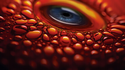 Water drops on a red-orange surface, an eye can be seen in the background