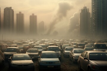 air pollution, streets in smog, a huge number of cars, the skyscrapers in the background of which...