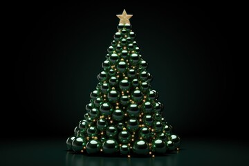green and yellow Christmas tree made of balls on a dark green background with a gold star on the top