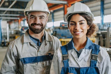 Fotobehang Junger Mann und junge Frau Facharbeiter/Fachkräfte in Arbeitskleidung und Helmen lächelnd in einer Industriehalle © Tim B.