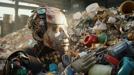 futuristic white a little bit broken robot among the garbage