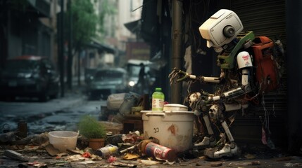 a robot among a dirty street sorts out garbage, the problem of dirty cities, pollution, futuristic