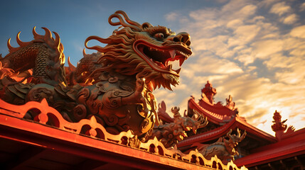 Majestic Golden Chinese Dragon Statue in Front of a Temple Background. Celebrating Chinese New Year.
