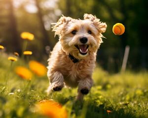  Happy Dog Playing with a Ball in the Sunshine, a Landscape Photography Bursting with Bright Colors and Pure Happiness