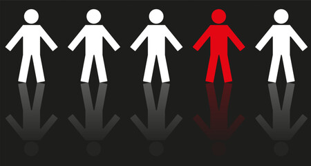 Unique individual standing out from the crowd. Vector illustration of people icons, one in red. Concept of individuality and uniqueness - obrazy, fototapety, plakaty