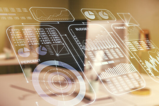 Multi exposure of abstract graphic data spreadsheet sketch on modern computer background, analytics and analysis concept
