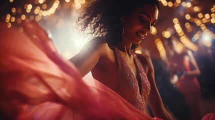New year dance party celebration. Happy young woman in shiny dress with long hair dancing at party in nightclub. Young woman is dancing at a concert having a good time at disco event - obrazy, fototapety, plakaty