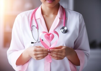 breast cancer, woman with pink ribbon in hospital to support people's life and illness.