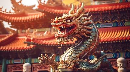 Obraz premium Majestic Golden Chinese Dragon Statue in Front of a Temple Background. Celebrating Chinese New Year.