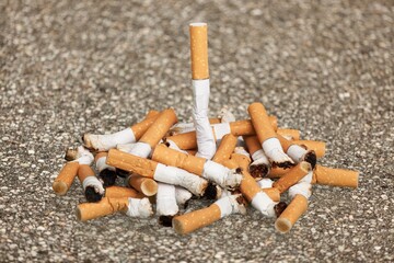 Cigarette butts lying on road asphalt. Trash
