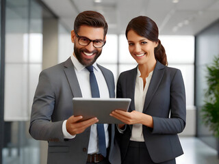 business, technology and office concept - smiling business team with tablet pc computer in office.generated with ai