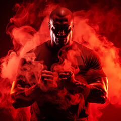 Powerful bodybuilder portrait. Concept of strength, sport, protection, aggression. Red colors. Brutal strong bodybuilder athletic men