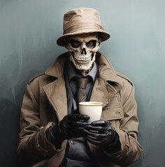 A human skeleton drinks a cup of coffee. - obrazy, fototapety, plakaty