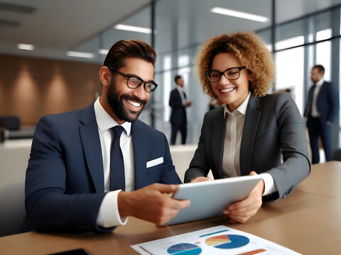 Portrait of two smiling businesspeople using digital tablet in modern office.generated with ai