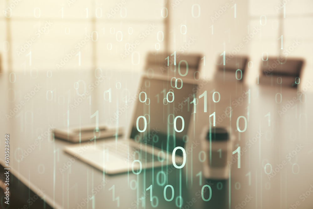 Leinwandbilder Creative abstract binary code hologram on modern computer background, AI and machine learning concept. Multiexposure