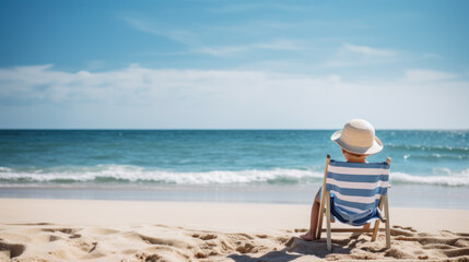 Fototapeta na wymiar boy sitting on beach chair sunbathing. summer and vacation