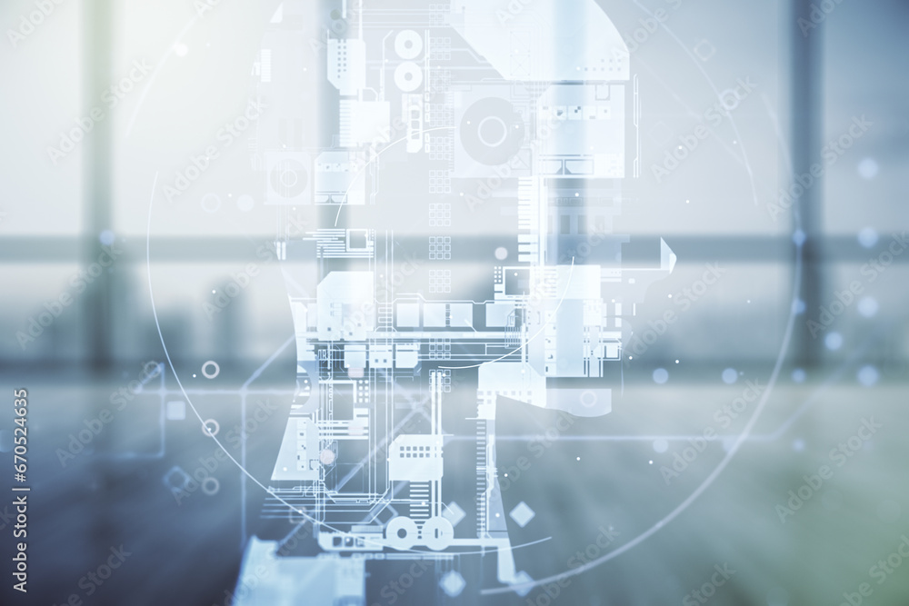 Poster double exposure of creative artificial intelligence hologram on empty modern office background. neur