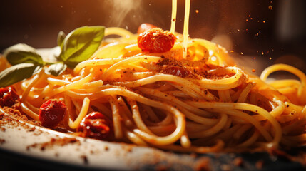 plate of spaghetti pasta with tomato