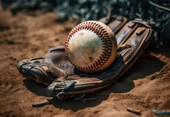 Fototapeta na wymiar Baseball Leather Glove and Ball on Pitch Sand Generative AI