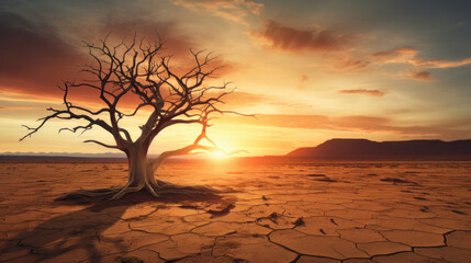 cracked arid land with dry lonely tree. drought and global warming