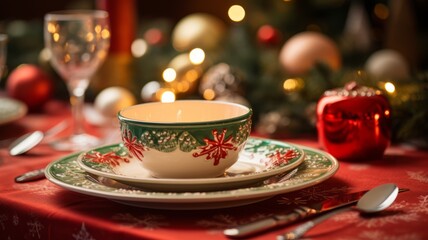 Obraz na płótnie Canvas Christmas table setting red colors decor: candles, pine spruces, tablecloth. Christmas tableware, blurred lights. Horizontal banking background for web. Photo AI Generated