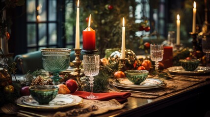 Obraz na płótnie Canvas Bright Christmas table with vintage candlesticks, potted plants, red and blue tableware, Christmas tree arrangements. Christmas table setting. Horizontal banking background for web. Photo AI Generated