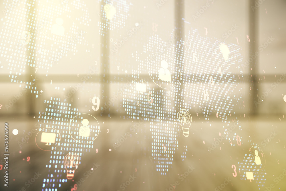 Poster double exposure of social network icons interface and world map on empty room interior background. n