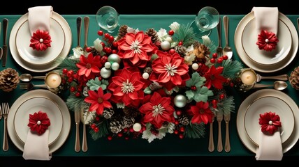 Christmas tableware with pine spruces, green and red table decorations, top view. Christmas table setting. Horizontal banking background for web. Photo AI Generated
