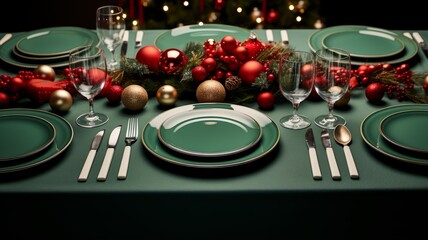 Christmas table setting with Christmas pine spruces, green and red table decorations. Christmas tableware. Horizontal banking background for web. Photo AI Generated