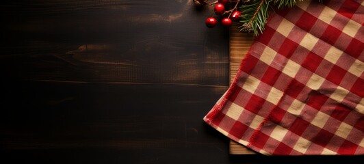 Christmas table setting mockup with berries, pine branch on a red checkered tablecloth, top view, dark wooden background. Christmas tableware. Horizontal banking background for web. Photo AI Generated