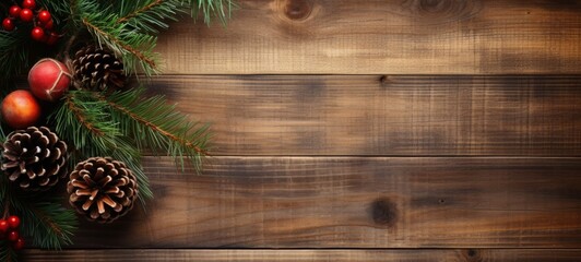 Christmas table setting mockup with apples, pine branches, pines, top view, wooden background. Christmas tableware. Horizontal banking background for web. Photo AI Generated