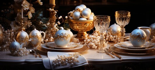 Naklejka premium Christmas table setting with gold colored decor. Candles, glasses, and Christmas balls creates the Christmas table setting. Horizontal banking background for web. Photo AI Generated