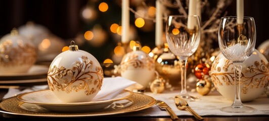Fototapeta na wymiar Christmas table setting with gold colored Christmas balls, candles, glasses, and other decorations. Christmas table setting. Horizontal banking background for web. Photo AI Generated