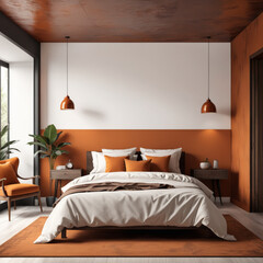 interior mockup of modern minimalist cozy bedroom with bed 3d render