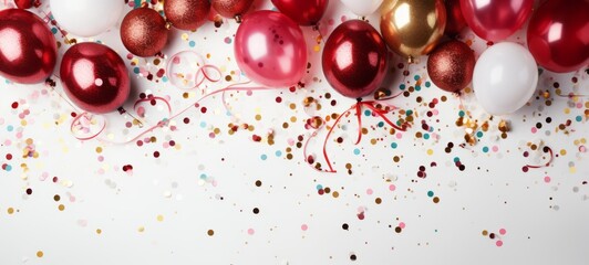 Top view of a festive Christmas table setting on a white background with decor: red, pink, white balloons, confetti. Christmas table mockup. Horizontal banking background for web. Photo AI Generated - obrazy, fototapety, plakaty