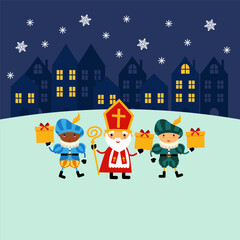 Saint Nicholas or Sinterklaas and friends celebrate Christmas holiday. Saint Nicholas and Zwarte Piet celebrate Dutch holidays at winter night - vector 