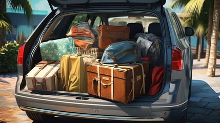 Close-up of the trunk of a hatchback car filled with various suitcases and bags. Car travel concept - obrazy, fototapety, plakaty