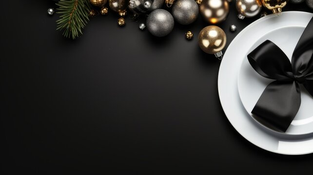 Christmas table setting: white plates, present with ribbon near Christmas baubles on black background top view. Christmas table setting. Horizontal banking background for web. Photo AI Generated